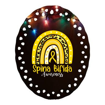 Spina Bifida Awareness Yellow Ribbon Leopard Rainbow Ceramic Oval Ornament