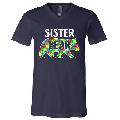 Sister Bear Autism Awareness Month Family Support V-Neck T-Shirt