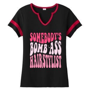 Somebody's Bomb Ass Hairstylist Groovy Hair Stylist Ladies Halftime Notch Neck Tee