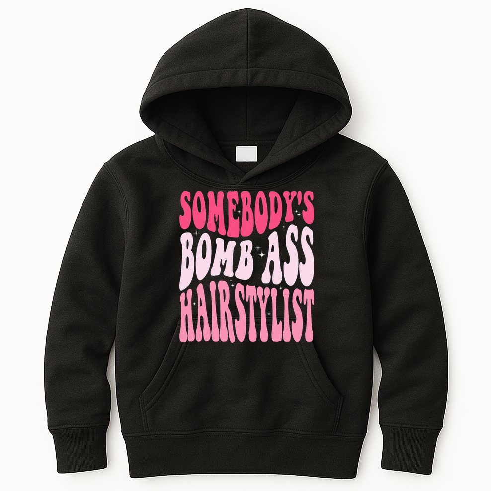 Somebody's Bomb Ass Hairstylist Groovy Hair Stylist Kids Hoodie