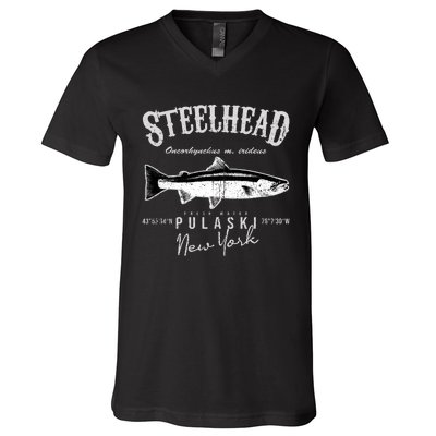 Steelhead Bass At Pulaski New York V-Neck T-Shirt