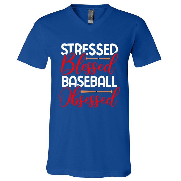 Stressed Blessed Baseball Obsessed Gift V-Neck T-Shirt