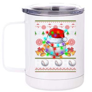 Santa Baseball Ball Xmas Tree Lights Ugly Christmas Gift 12 oz Stainless Steel Tumbler Cup