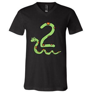 Snake Birthday Boy Kids Reptile Animal Number 2 2nd Bday V-Neck T-Shirt