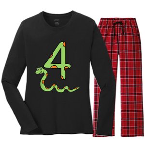 Snake Birthday Boy Kids Reptile Animal Number 4 4th Bday Women's Long Sleeve Flannel Pajama Set 