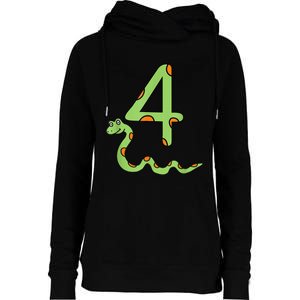 Snake Birthday Boy Kids Reptile Animal Number 4 4th Bday Womens Funnel Neck Pullover Hood