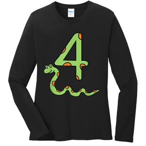 Snake Birthday Boy Kids Reptile Animal Number 4 4th Bday Ladies Long Sleeve Shirt