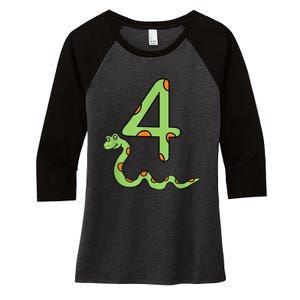 Snake Birthday Boy Kids Reptile Animal Number 4 4th Bday Women's Tri-Blend 3/4-Sleeve Raglan Shirt