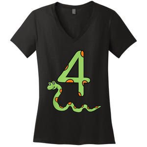 Snake Birthday Boy Kids Reptile Animal Number 4 4th Bday Women's V-Neck T-Shirt