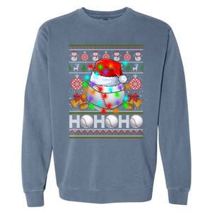 Santa Baseball Ball Xmas Tree Lights Ugly Christmas Gift Garment-Dyed Sweatshirt