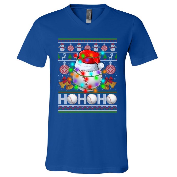 Santa Baseball Ball Xmas Tree Lights Ugly Christmas Gift V-Neck T-Shirt