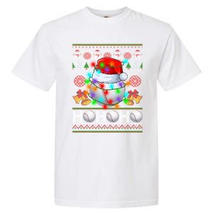 Santa Baseball Ball Xmas Tree Lights Ugly Christmas Gift Garment-Dyed Heavyweight T-Shirt