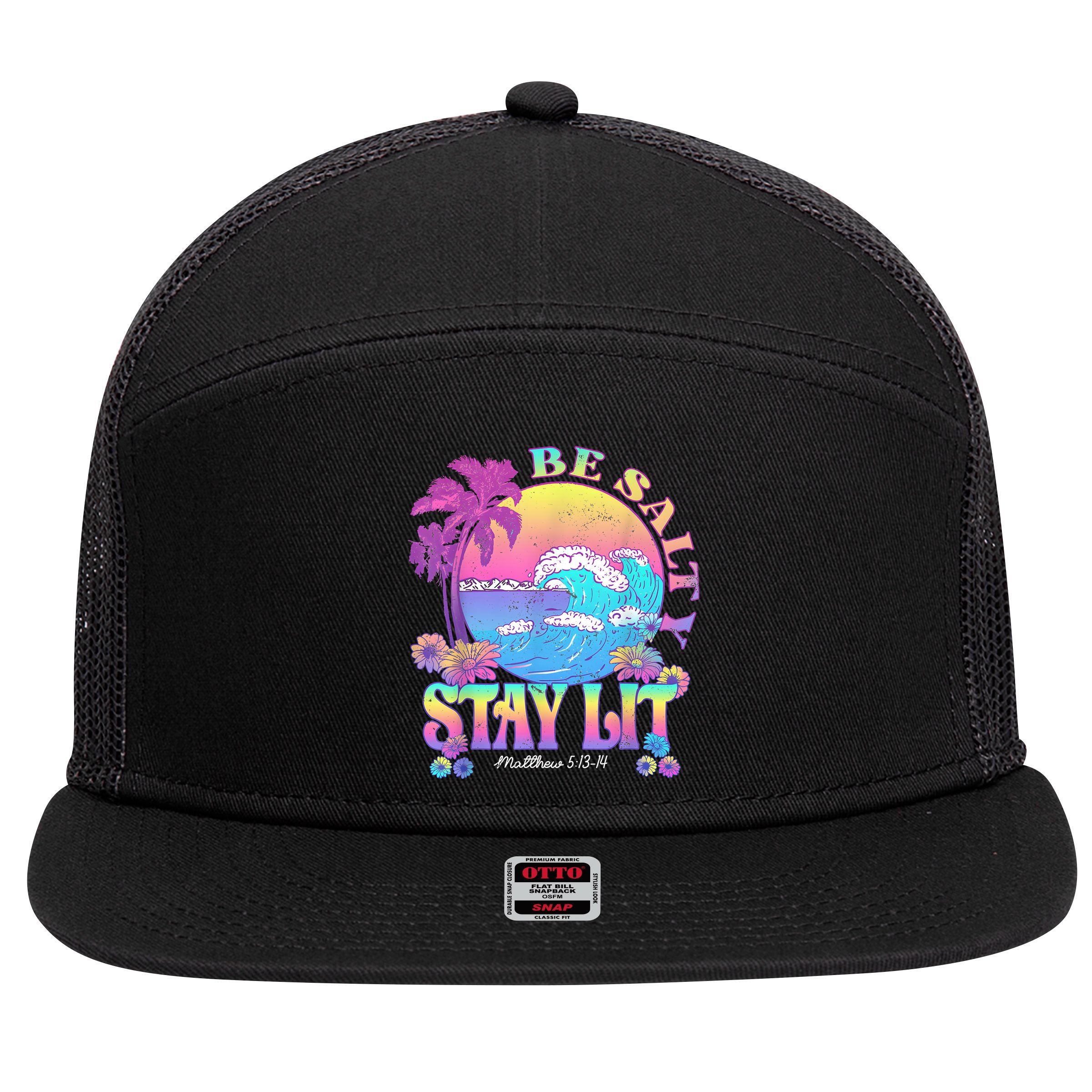 Summer Beach Be Salty Stay Lit Matthew 5:13 14 7 Panel Mesh Trucker Snapback Hat