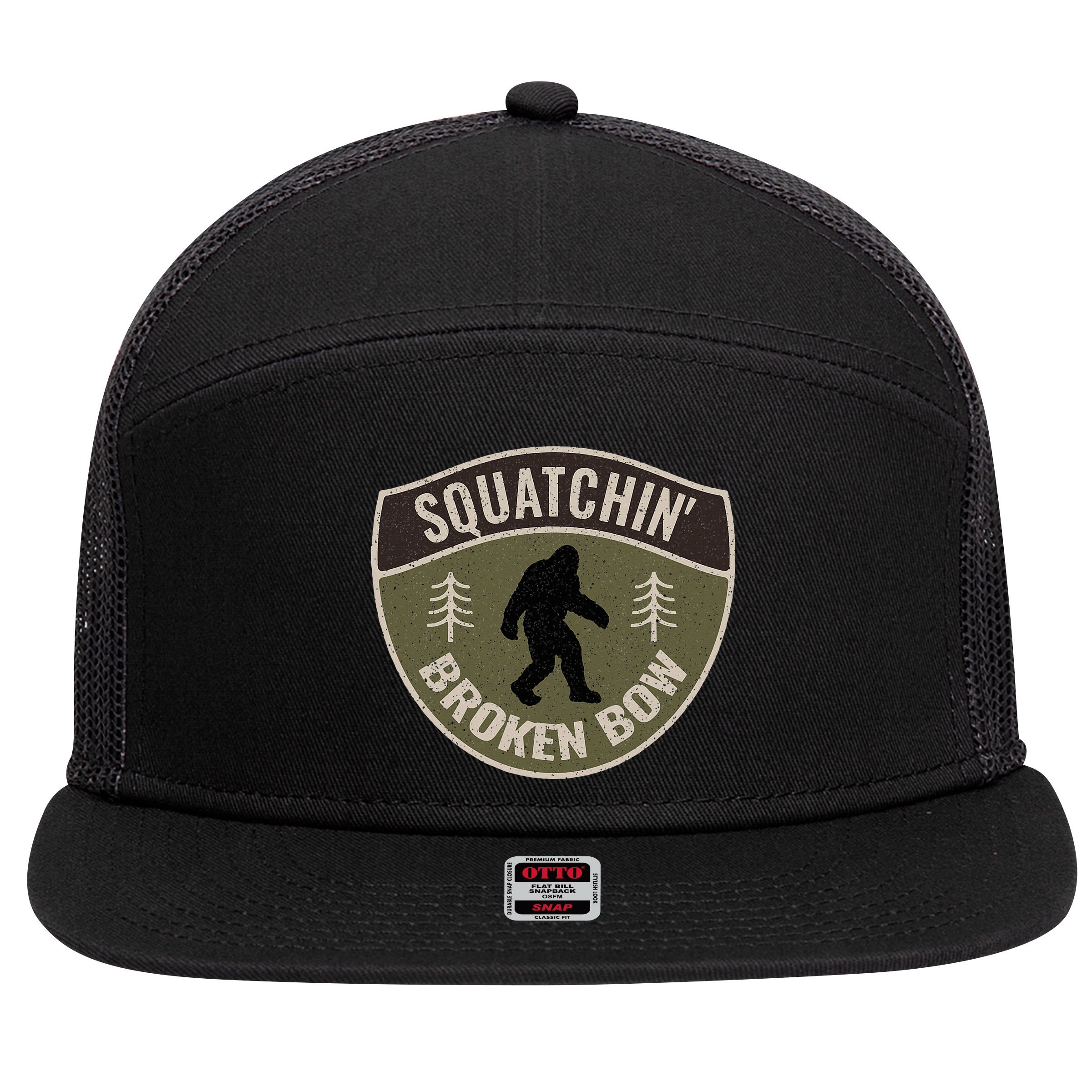 Squatchin Broken Bow Oklahoma Bigfoot Sign Art Sasquatch 7 Panel Mesh Trucker Snapback Hat