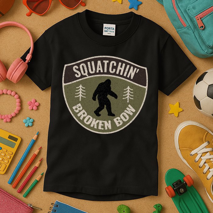 Squatchin Broken Bow Oklahoma Bigfoot Sign Art Sasquatch Kids T-Shirt