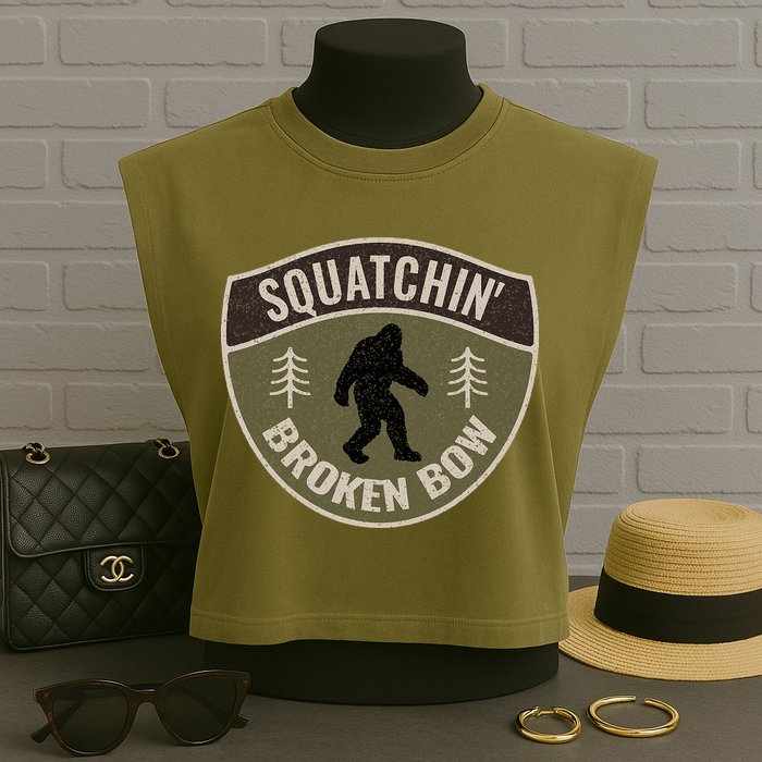 Squatchin Broken Bow Oklahoma Bigfoot Sign Art Sasquatch Garment-Dyed Women's Muscle Tee