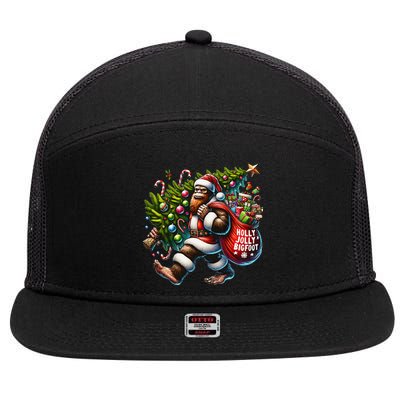 Santa Bigfoot Christmas Tree Lights Funny Sasquatch Believe 7 Panel Mesh Trucker Snapback Hat