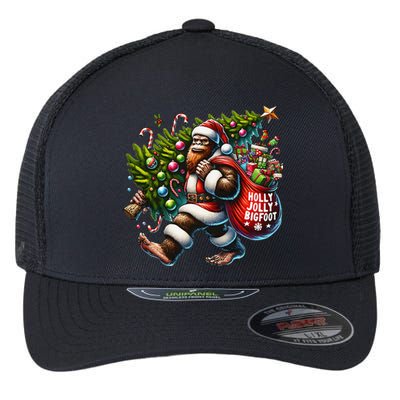 Santa Bigfoot Christmas Tree Lights Funny Sasquatch Believe Flexfit Unipanel Trucker Cap