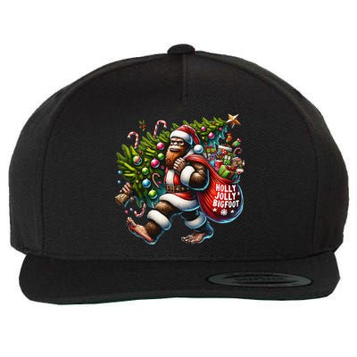 Santa Bigfoot Christmas Tree Lights Funny Sasquatch Believe Wool Snapback Cap