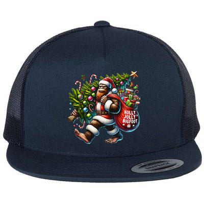 Santa Bigfoot Christmas Tree Lights Funny Sasquatch Believe Flat Bill Trucker Hat