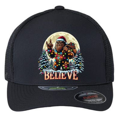 Santa Bigfoot Christmas Lights Funny Sasquatch Believe Xmas Flexfit Unipanel Trucker Cap