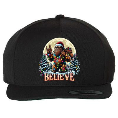 Santa Bigfoot Christmas Lights Funny Sasquatch Believe Xmas Wool Snapback Cap