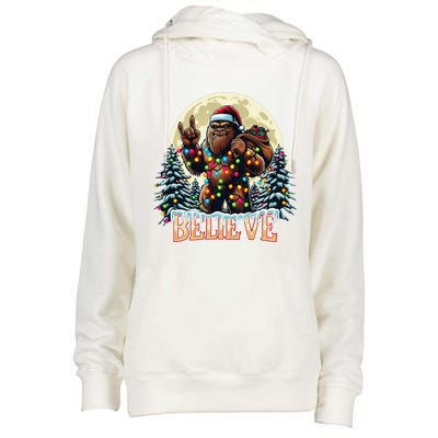 Santa Bigfoot Christmas Lights Funny Sasquatch Believe Xmas Womens Funnel Neck Pullover Hood