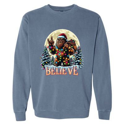 Santa Bigfoot Christmas Lights Funny Sasquatch Believe Xmas Garment-Dyed Sweatshirt