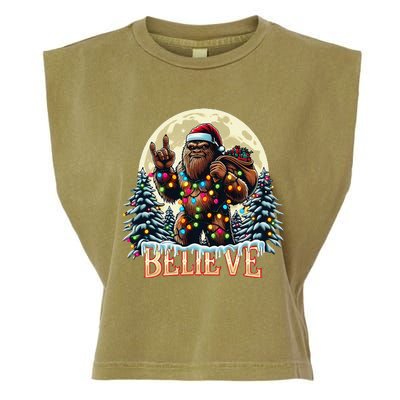 Santa Bigfoot Christmas Lights Funny Sasquatch Believe Xmas Garment-Dyed Women's Muscle Tee