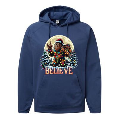 Santa Bigfoot Christmas Lights Funny Sasquatch Believe Xmas Performance Fleece Hoodie