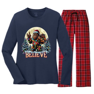 Santa Bigfoot Christmas Lights Funny Sasquatch Believe Xmas Women's Long Sleeve Flannel Pajama Set 