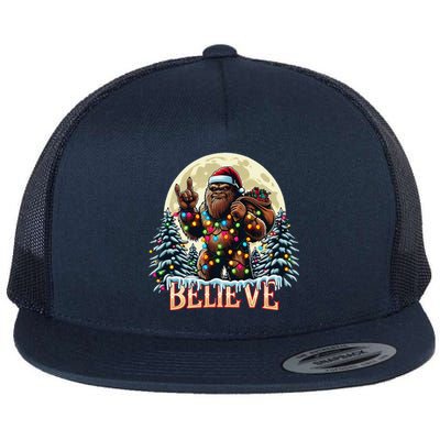 Santa Bigfoot Christmas Lights Funny Sasquatch Believe Xmas Flat Bill Trucker Hat