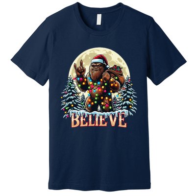 Santa Bigfoot Christmas Lights Funny Sasquatch Believe Xmas Premium T-Shirt