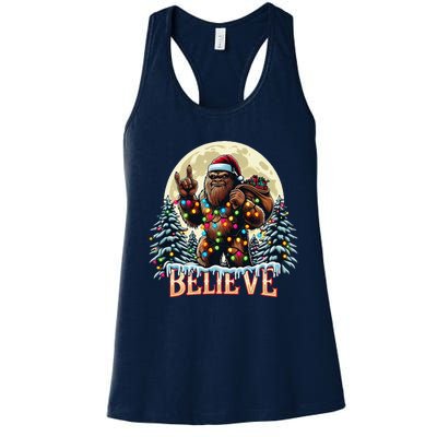 Santa Bigfoot Christmas Lights Funny Sasquatch Believe Xmas Women's Racerback Tank