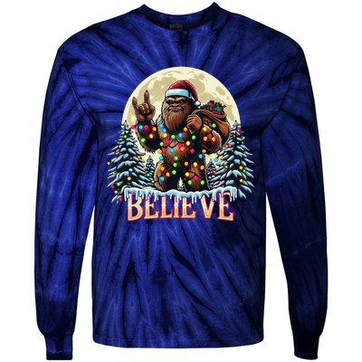 Santa Bigfoot Christmas Lights Funny Sasquatch Believe Xmas Tie-Dye Long Sleeve Shirt