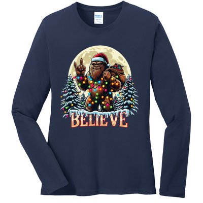 Santa Bigfoot Christmas Lights Funny Sasquatch Believe Xmas Ladies Long Sleeve Shirt