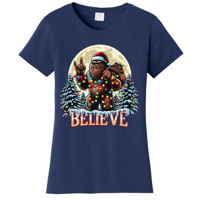 Santa Bigfoot Christmas Lights Funny Sasquatch Believe Xmas Women's T-Shirt