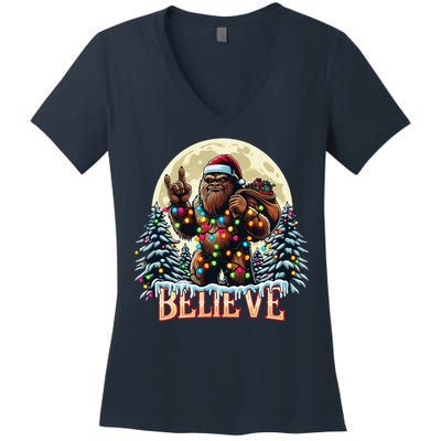 Santa Bigfoot Christmas Lights Funny Sasquatch Believe Xmas Women's V-Neck T-Shirt