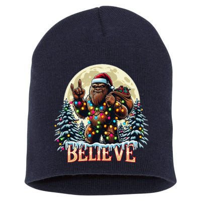 Santa Bigfoot Christmas Lights Funny Sasquatch Believe Xmas Short Acrylic Beanie