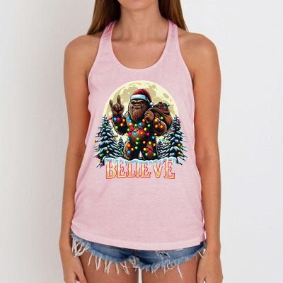 Santa Bigfoot Christmas Lights Funny Sasquatch Believe Xmas Women's Knotted Racerback Tank