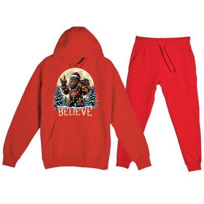 Santa Bigfoot Christmas Lights Funny Sasquatch Believe Xmas Premium Hooded Sweatsuit Set