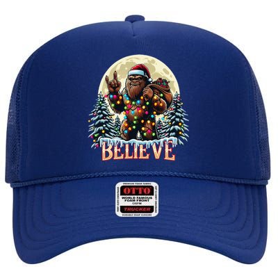 Santa Bigfoot Christmas Lights Funny Sasquatch Believe Xmas High Crown Mesh Back Trucker Hat