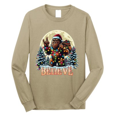 Santa Bigfoot Christmas Lights Funny Sasquatch Believe Xmas Long Sleeve Shirt