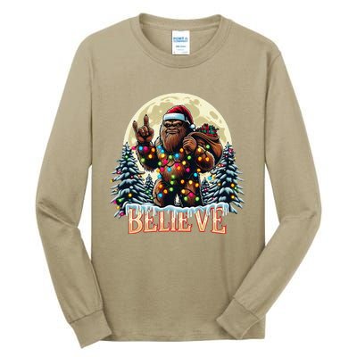 Santa Bigfoot Christmas Lights Funny Sasquatch Believe Xmas Tall Long Sleeve T-Shirt