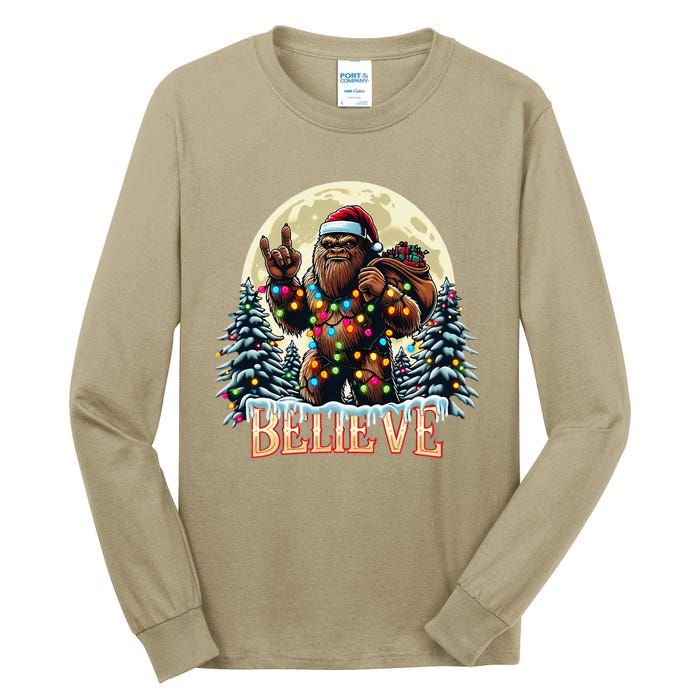 Santa Bigfoot Christmas Lights Funny Sasquatch Believe Xmas Tall Long Sleeve T-Shirt