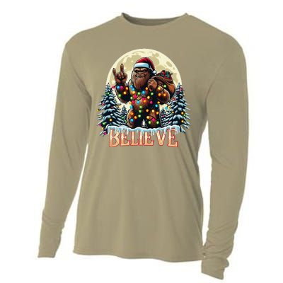 Santa Bigfoot Christmas Lights Funny Sasquatch Believe Xmas Cooling Performance Long Sleeve Crew