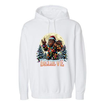 Santa Bigfoot Christmas Lights Funny Sasquatch Believe Xmas Garment-Dyed Fleece Hoodie