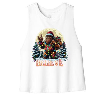 Santa Bigfoot Christmas Lights Funny Sasquatch Believe Xmas Women's Racerback Cropped Tank