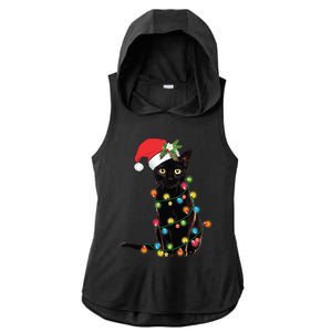 Santa Black Cat Tangled Up In Christmas Tree Lights Holiday Gift Ladies PosiCharge Tri-Blend Wicking Draft Hoodie Tank