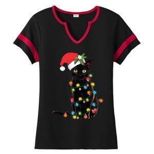 Santa Black Cat Tangled Up In Christmas Tree Lights Holiday Gift Ladies Halftime Notch Neck Tee